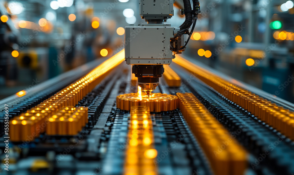 Poster automated robotic arm assembling golden metallic components on conveyor belt in advanced modern manu