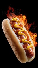 Flaming hot dog with mustard and onion relish against black background