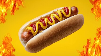Delicious hot dog with mustard and ketchup on fiery background