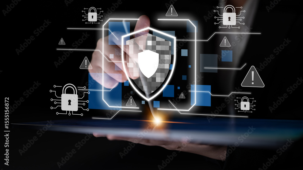 Aufkleber cyber security protects against breaches, hacks, and network attacks using strong infrastructure and