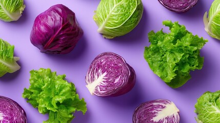 Vibrant purple and green lettuce heads on purple background