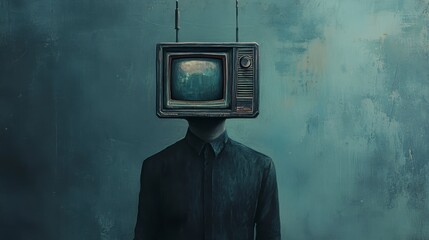 Surreal artwork of a person with an old TV as a head against a textured background.