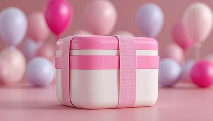 Photo of a pink lunchbox with an empty white label, surrounded by pastel-colored balloons on a soft background. Web banner with copy space in the right bottom corner.