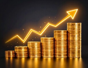 Stacked gold coins with an upward arrow symbolizing financial growth, investment profit, economic success, and wealth accumulation
