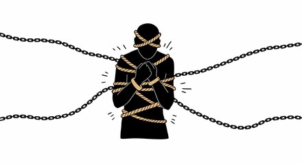 Silhouette of Man Bound with Rope in Black and Beige on White Background