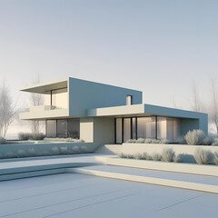 Modern architecture of an empty commercial office building with a blue sky