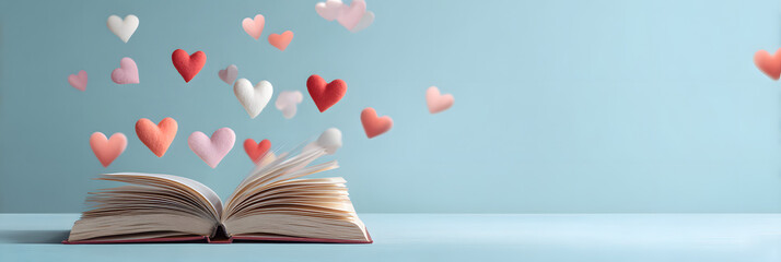World Book Lovers Day. Horizontal banner. Open book with hearts above the pages. Copy space. Day of knowledge, day of literacy. Back to school, education learning concept. National library Day