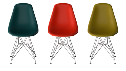 A set of three different colored chairs sitting next to each other