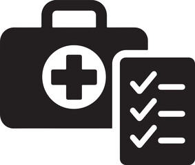 Silhouette first aid box with checklist icon representing emergency medical supplies and health preparedness.
