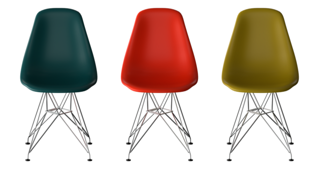 A set of three different colored chairs sitting next to each other