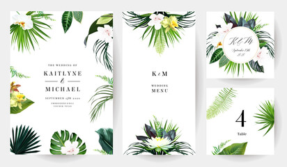 Tropical flowers and leaves vector design cards. Island flowers, sunset palm leaves, emerald monstera, jungle palm leaves frames. Exotic island wedding invitations. Elements are isolated and editable