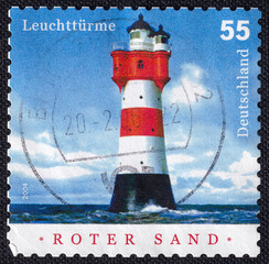 Roter Sand lighthouse on a 2004 Germany vintage postage stamp. Lighthouses 2004 Series