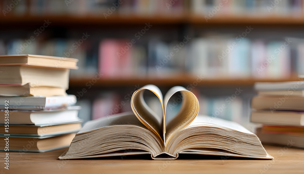 Poster love story book with open page of literature in heart shape and stack piles of text books on reading