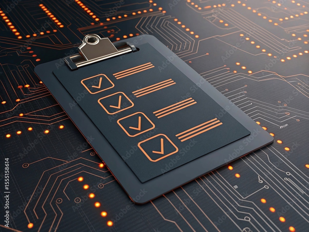 Poster digital checklist clipboard with orange icons on circuit board background