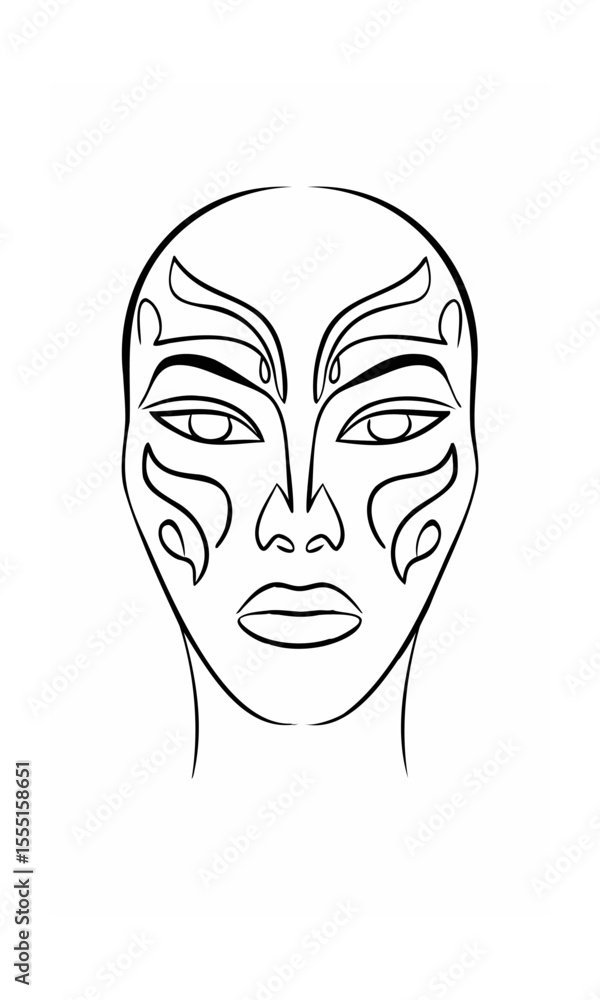 Poster line drawing of a stylized face with decorative elements on background continous line art