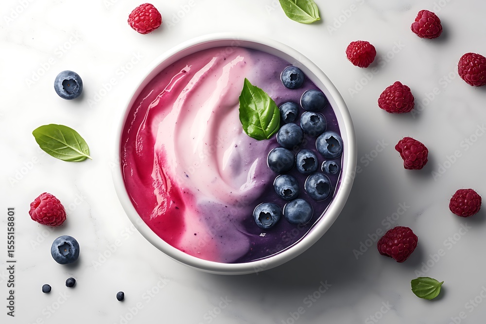 Poster a minimal white bowl of mixed berry yogurt with a gradient swirl of raspberry and blueberry puree, t