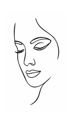 Continous line drawing of a woman's face with closed eyes a gentle smile on background