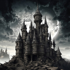 Worm's-Eye View of a Twisted Fairytale Castle in ASCII Art Style