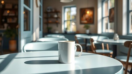 Mug on a pastel blue table, bright daylight, cafe setting