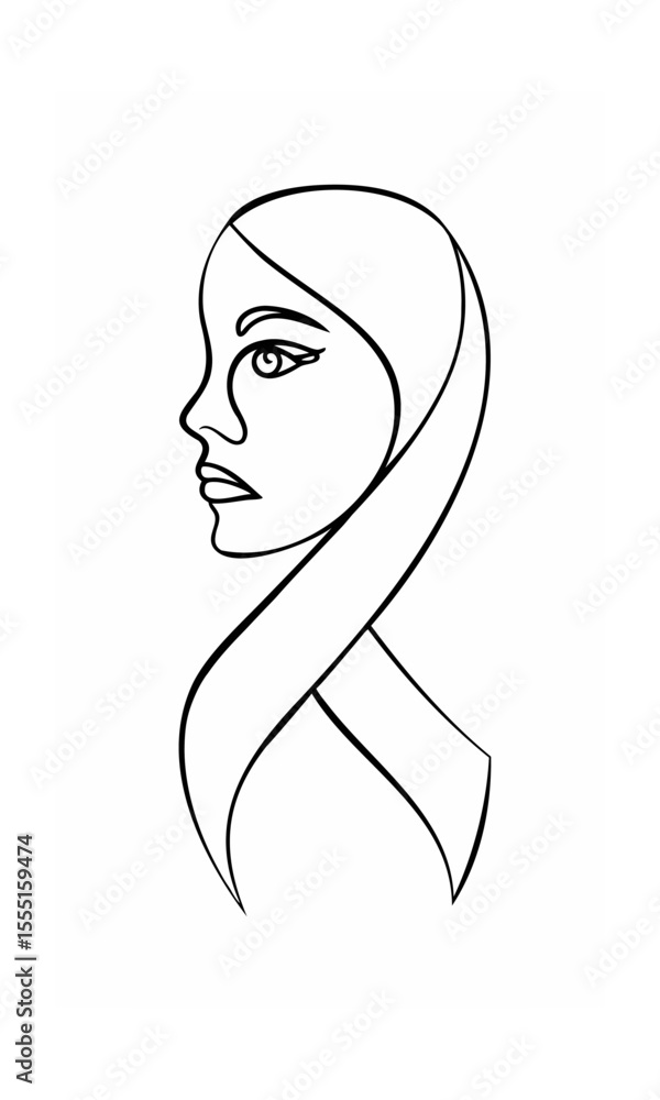 Poster continous line drawing of a woman's face in profile with a ribbon shape on background