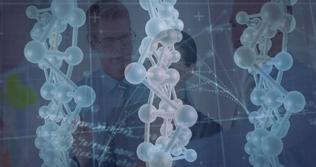 Male scientist stylus-tapping projected DNA helix junction while lab team analyzing data overlays - Powered by Adobe