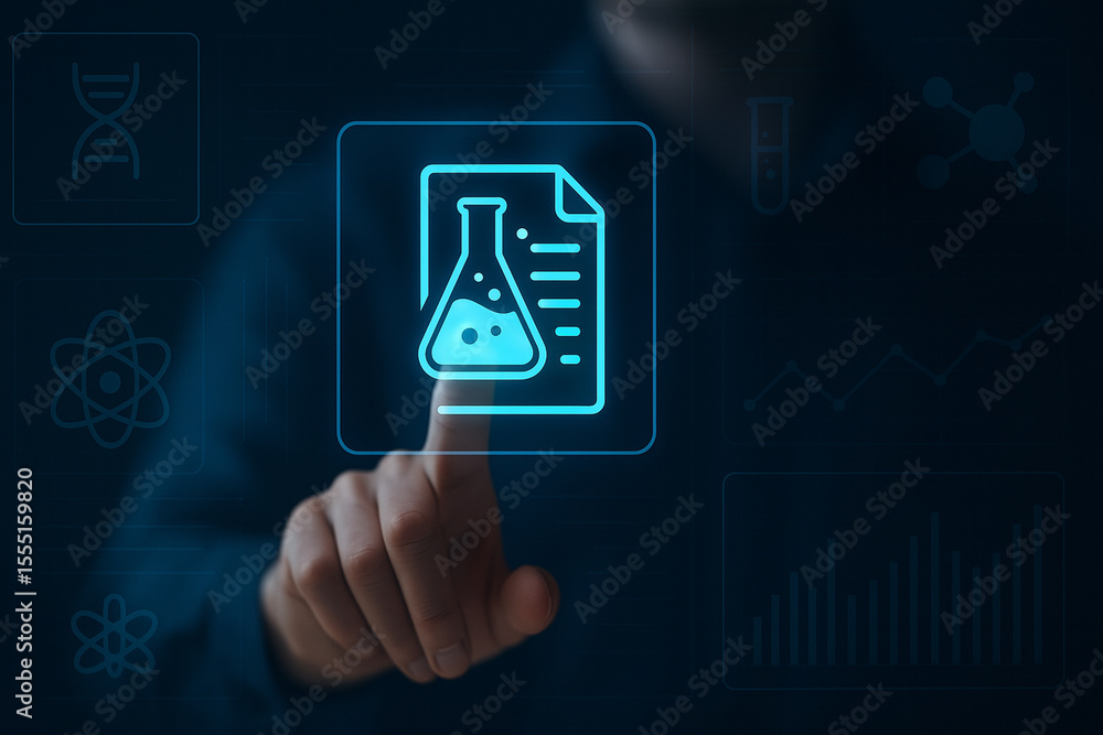 Poster futuristic digital interface with glowing science report icon, touch interaction, and scientific dat