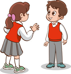 Two school children talking vector. Characters family brother and sister. Boy and girl kids. Illustration funny clipart set. Isolated image
