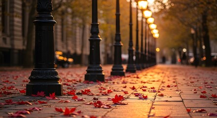 Autumnal Street Scene: Red Leaves, Lamp Posts, Golden Hour Light.