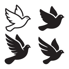 Peaceful dove icon set with flying birds and nature symbols