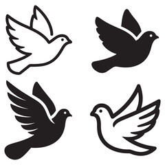 Peaceful dove icon set with flying birds and symbolic nature design