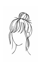 Continous line drawing of a woman's face hair styled in a bun with bangs on background