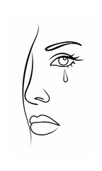 Handdrawn continous line drawing of a crying woman's face with a single tear falling from her eye