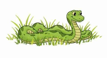 Fototapeta premium Cartoon Green Snake Lying in Grass with Happy Expression in Outdoor Setting