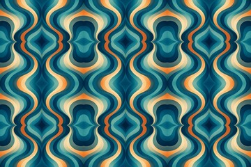 Seamless mirrored abstract background with smooth curved shapes in blue, teal, and orange hues....