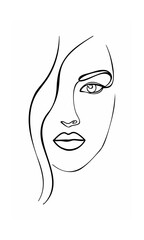 Continous line drawing of a woman's face with eye nose lips hair on background female 1