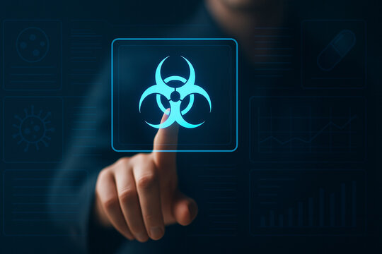Futuristic Digital Biohazard Interface Touchscreen With Glowing Hologram Symbol for Science Technology Medical Research and Cybersecurity Applications
