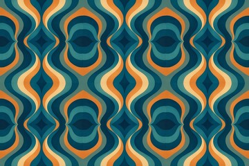 Vibrant seamless abstract design with mirrored symmetry, featuring curving waves in blue, orange,...