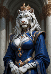 Antropomorfismo, furry, tigre blanco, retrato, arte, mujer, elegante, ornamenta, coron