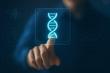 Futuristic digital interface with glowing DNA helix icon and biotech elements for healthcare, genetics, analysis, research, and innovation use
