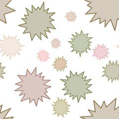 Seamless repeating pattern featuring multicolored starburst shapes. Ideal for digital papers, scrapbooking, textiles, and fun pop art-inspired projects.