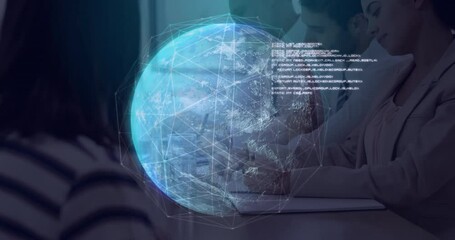 Team taking notes in meeting upon globe materializing with rotating mesh code for network analysis - Powered by Adobe