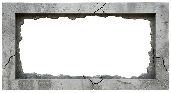 Cracked Cement Frame with White Background, Damaged Concrete Border with Jagged Edges and Textured Surface