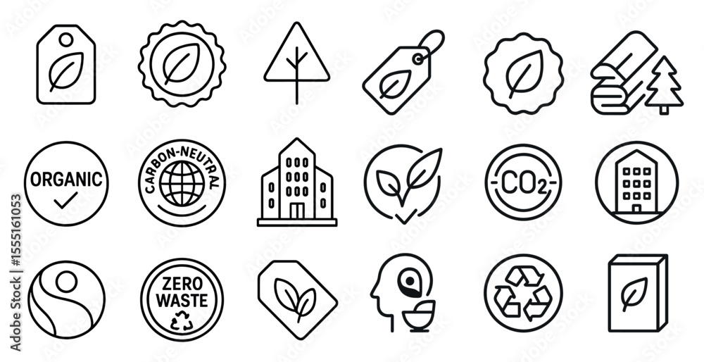 Poster collection of icons for various environmental causes. some of the icons include a tree, a building, 
