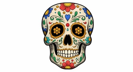 Colorful Decorative Sugar Skull with Floral Patterns in Bright Colors for Day of the Dead Celebrations