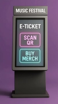 A vertical video, e-ticket kiosk for a music festival shows &ldquo;Scan QR&rdquo; and &ldquo;Buy Merch&rdquo; neon buttons. Concept of event convenience.