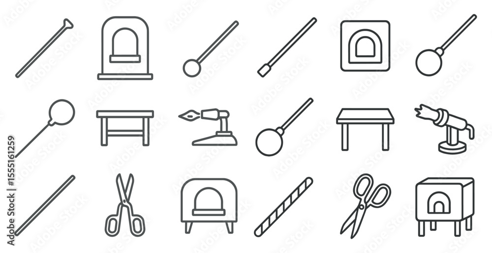Poster collection of various tools and objects, including scissors, a table, and a pot. concept of creativi