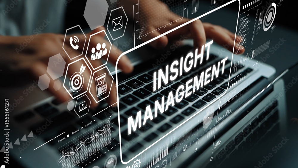 Poster digital insight management with hands on laptop and futuristic data visualization graphics. asymptot