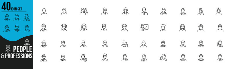 Minimalist Line Icon Set of People and Professions Symbols in Modern Vector Style.job, career, worker, doctor, teacher, engineer, artist, chef, police