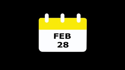 28 February calendar icon animation. Luma matte with black background 4K resolution 28 February icon isolated on black background. HD Video motion graphic animation