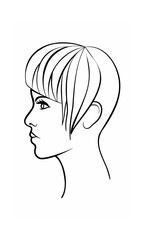 Continous line drawing of a woman's profile with short hair a side view on face